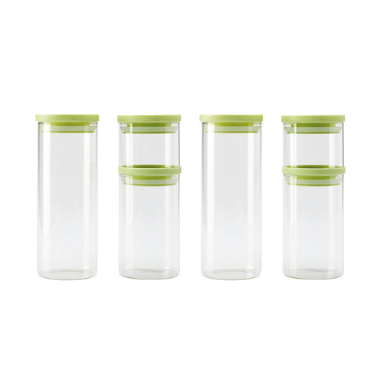 Set de 6 boîtes en verre avec couvercle en plastique – transparent et vert – 0.5l + 1L + 1.5L