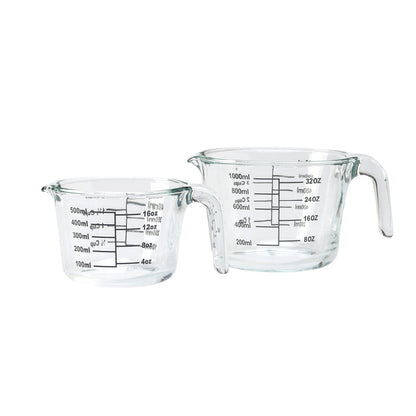 Set of 2 temperature resistant measuring cups in glass - with handle - 500 ml + 1000 ml
